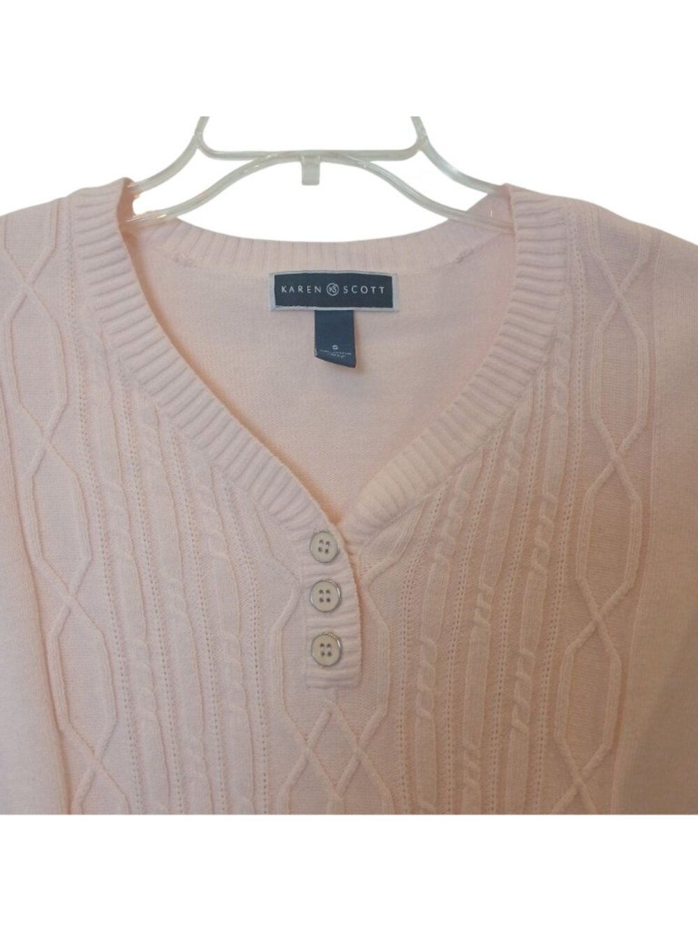 Karen Scott Pink Cable Knit Sweater Button VNeck Size S Cotton Long Sleeve #I-2 - Picture 6 of 7